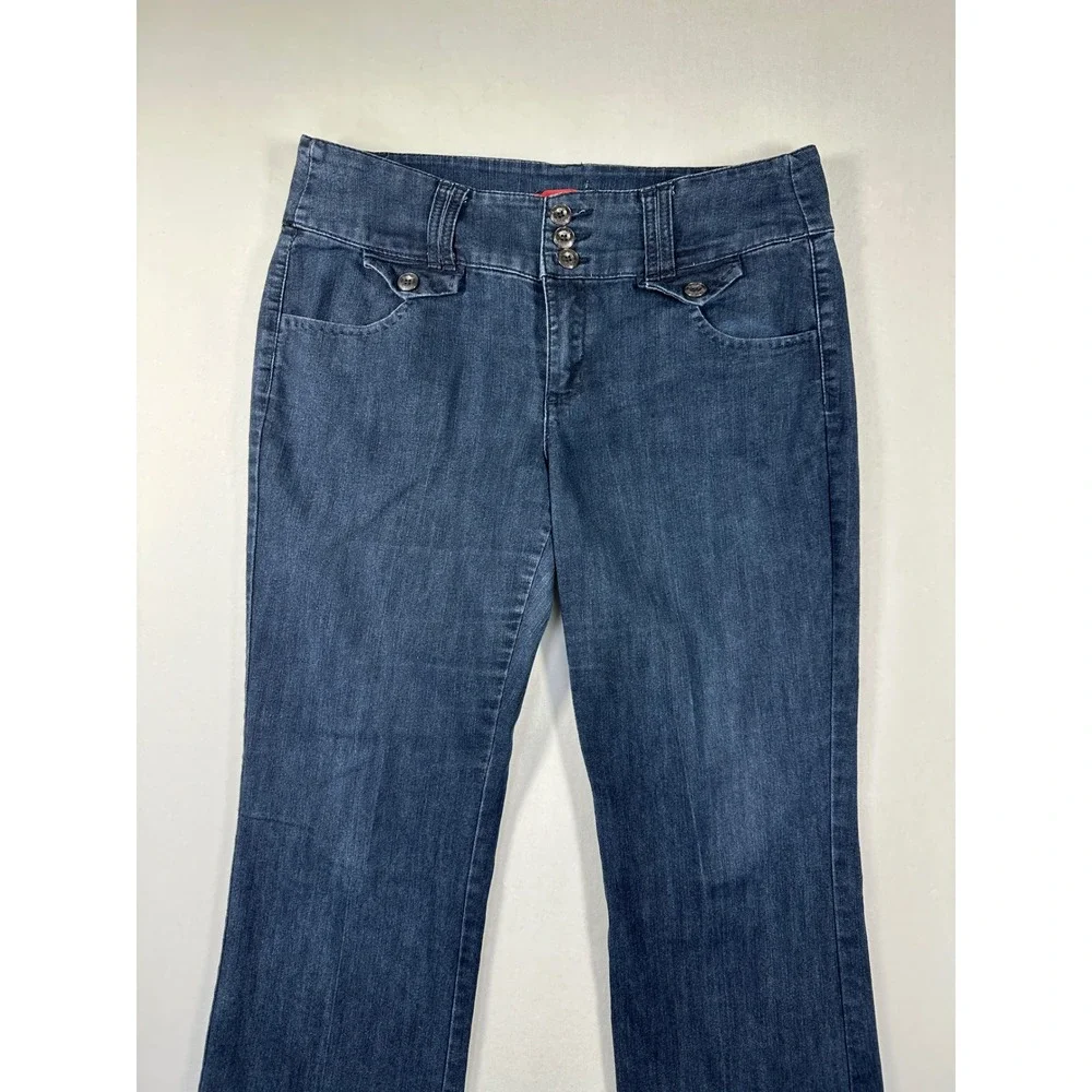Denim Trouser Jeans Sz 12 Blue‎ Dark Wash Wide Leg High Rise Stretch Retro Flare